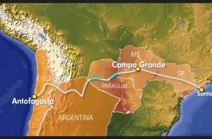 Mapa do Corredor Bioceânico ligando Campo Grande ao Pacífico